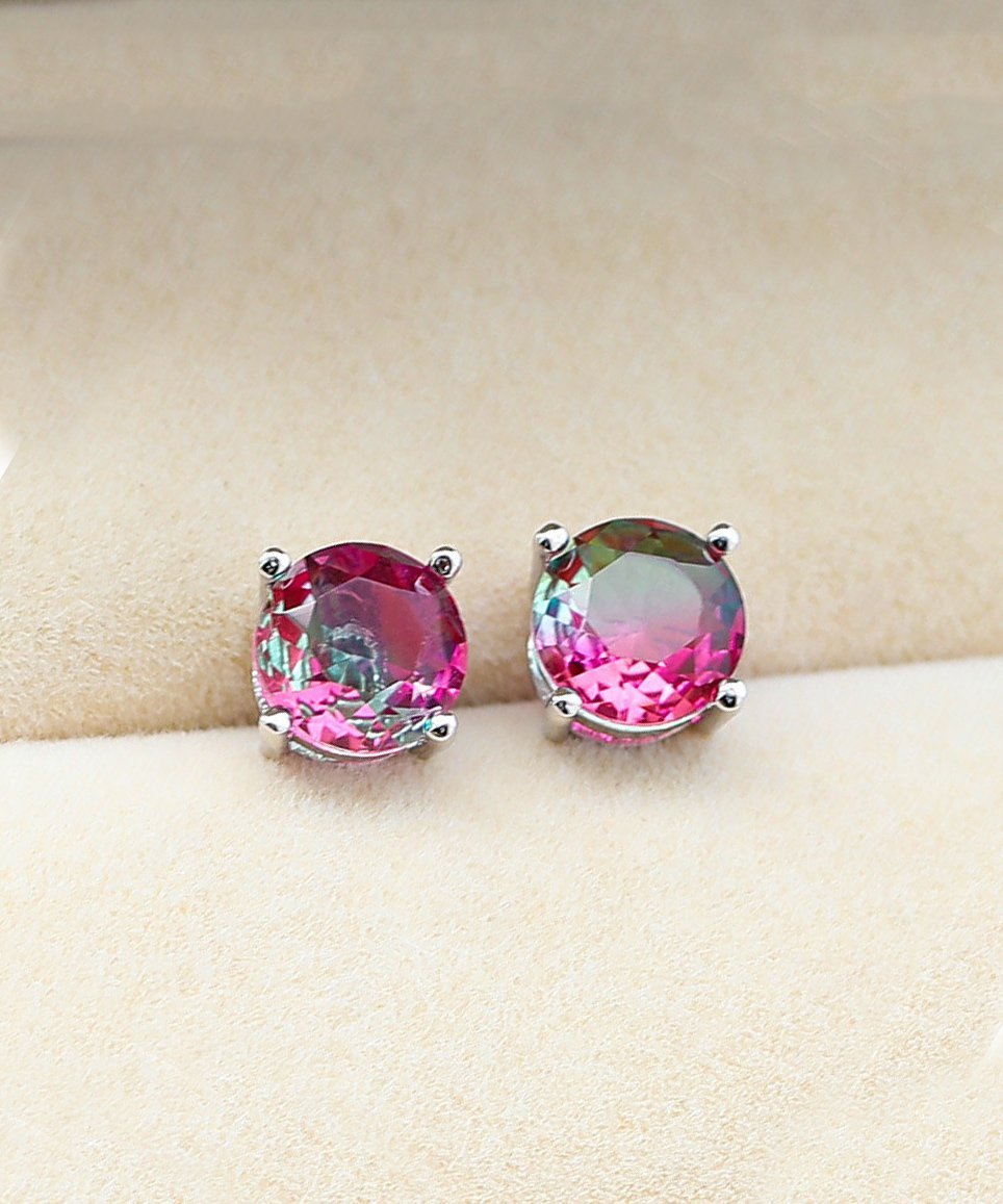 1.25ct Round Cut Rose & Green Stud Earrings Bi Color With Crystals in  Silvertone ITALY Design