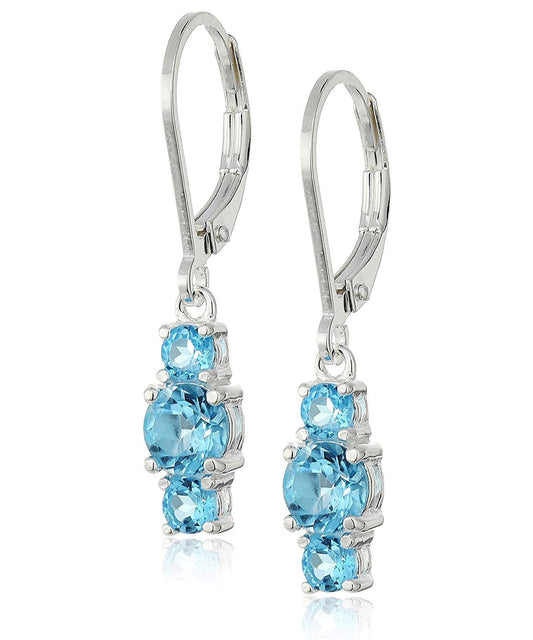 Three Stone Leverback Dangle With Luxe Crystals - Blue Topaz in  Silvertone ITALY Design