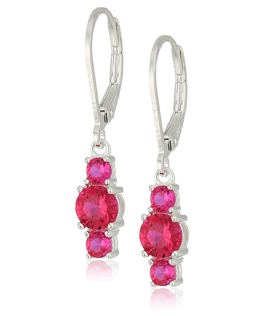 Three Stone Leverback Dangle With Luxe Crystals - Ruby in  Silvertone ITALY Design