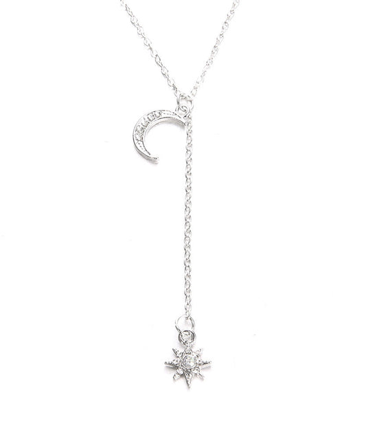 White Crystal Pav'e Star & Moon Lariat Necklace in 14K White Gold Tone