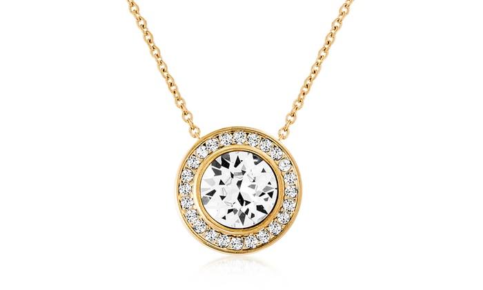 Pave Halo Disc Necklace & Pave Hoop Earring made With Luxe Crystals with Luxe Box - Goldtone ITALY Design