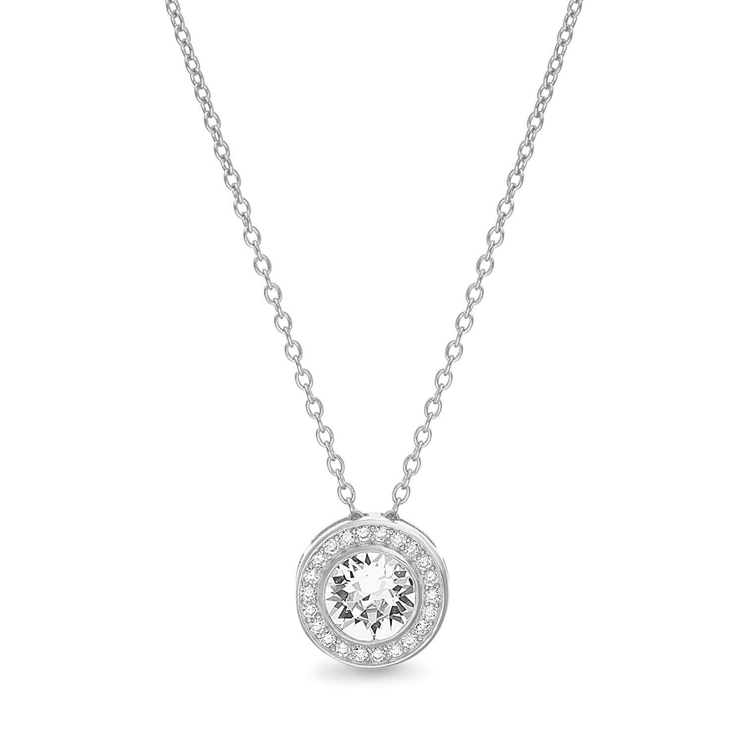 Pave Halo Disc Necklace & Stud Earring With Luxe Crystals with Luxe Box - Silvertone ITALY Design