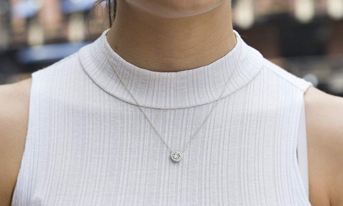 Micro-Pav'e Round Halo Necklace Made with Swarovski Elements in Goldtone ITALY Design