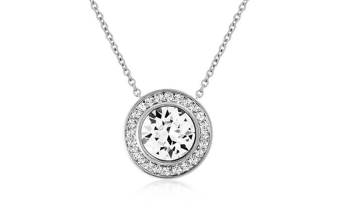 Pave Halo Disc Necklace & Stud Earring With Luxe Crystals with Luxe Box - Silvertone ITALY Design