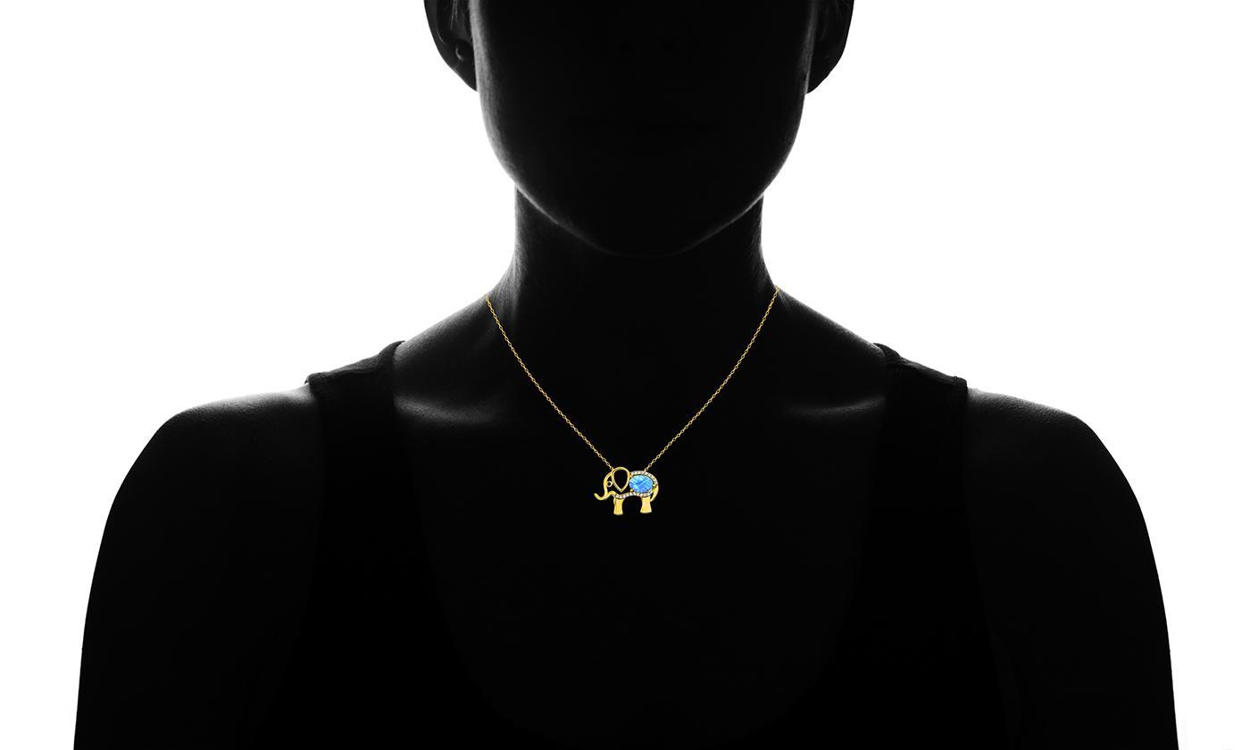 Opal Created Elephant Necklace with  Crystals 18" -  Gold