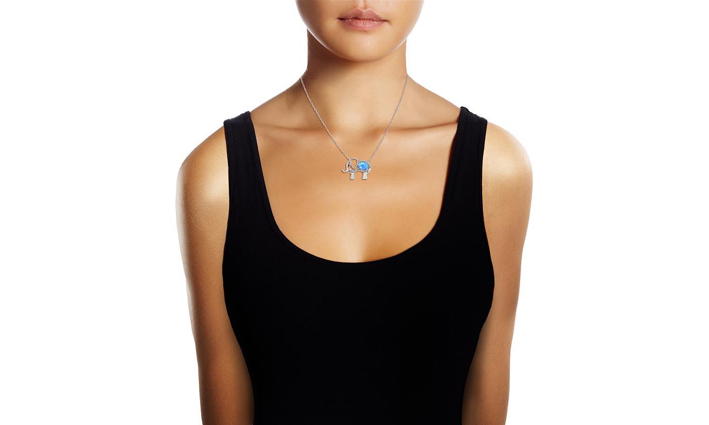 Opal Created Elephant Necklace with  Crystals 18" - White Gold