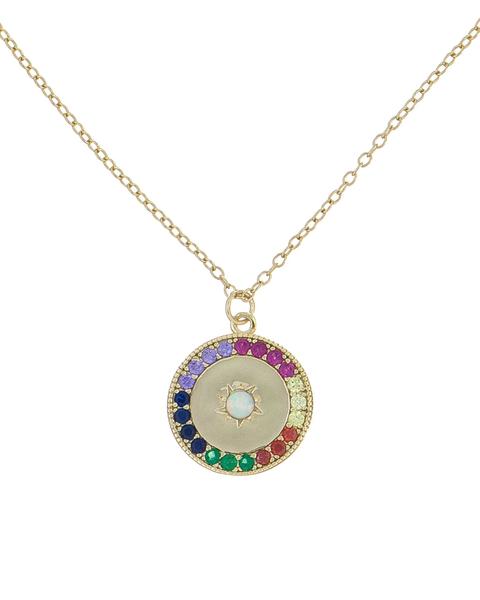 Rainbow Crystal Circular Evil Eye Protection Necklace in Goldtone Tone