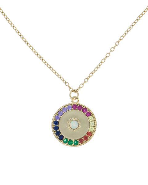 Rainbow Crystal Circular Evil Eye Protection Necklace in Goldtone Tone