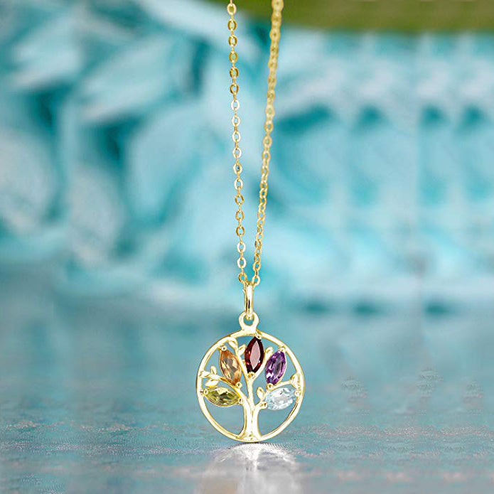 Iridescent Tree of Life Amethyst Crystal Disc Pendant Necklace in 14K White Gold Tone