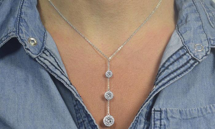 Tripple Embellished with  Crystals Ball Drop Necklace in  Silvertone