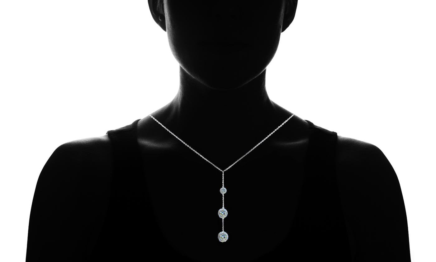 Tripple Embellished with  Crystals Ball Drop Necklace in  Silvertone