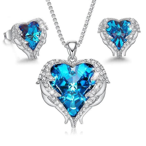 Wings of an Angel Heart Blue Topaz Necklace and Earring Set ITALY Design