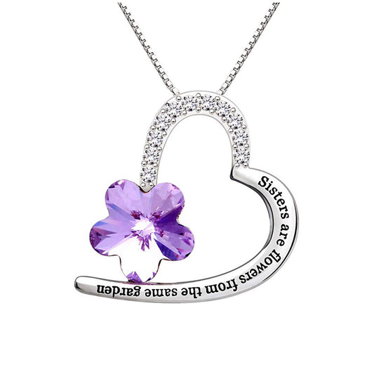 Sisters Amethyst Heart Necklace Embellished with  Crystals in  Silvertone