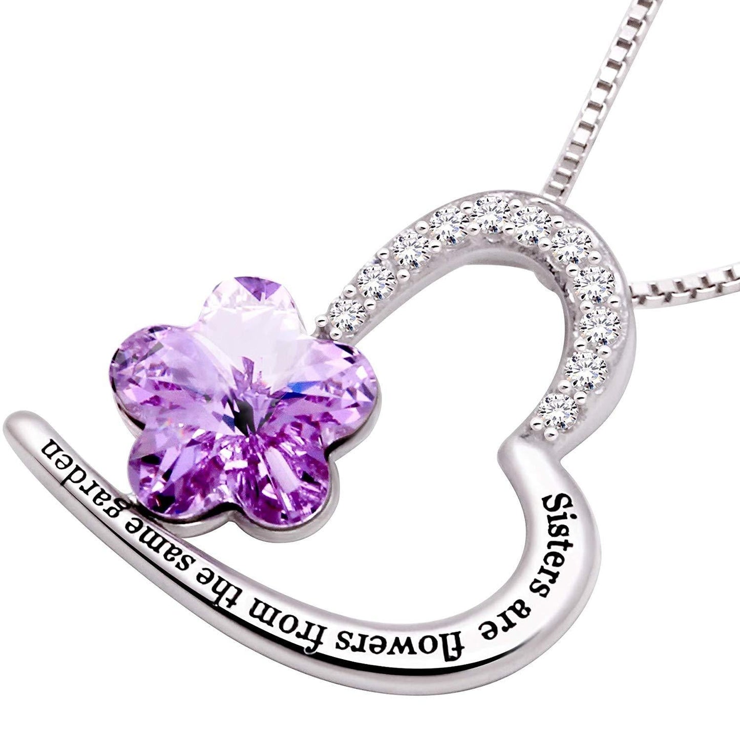 Sisters Amethyst Heart Necklace Embellished with  Crystals in  Silvertone