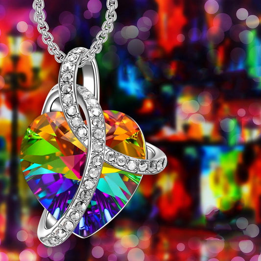 3.00 Cttw Rainbow Aurora Borealis Gemstone Heart Necklace in Silvertone (8+ Options)