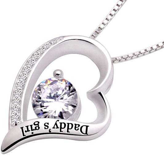14K White Gold Tone  White Crystal Pav'e Daddy's Girl Heart Shaped Necklace