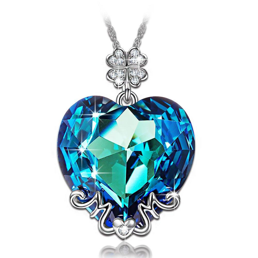 Light Blue  Heart Shaped Pav'e Clover Necklace in 14K White Gold