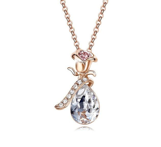 White  Elements Teardrop Pear Cut Pav'e Floral Necklace in 14K Rose Gold