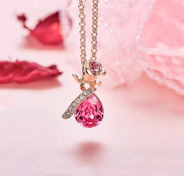 Pink  Elements Teardrop Pear Cut Pav'e Floral Necklace in 14K Rose Gold