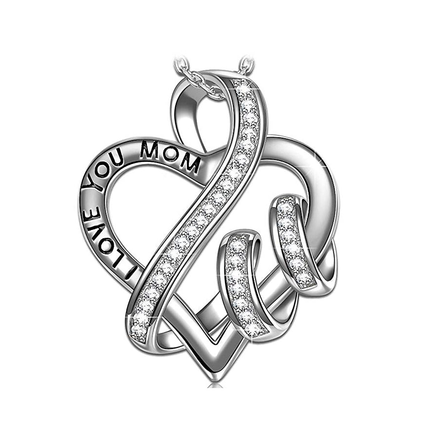 I Love You Mom Heart Necklace in Rhodium Tone