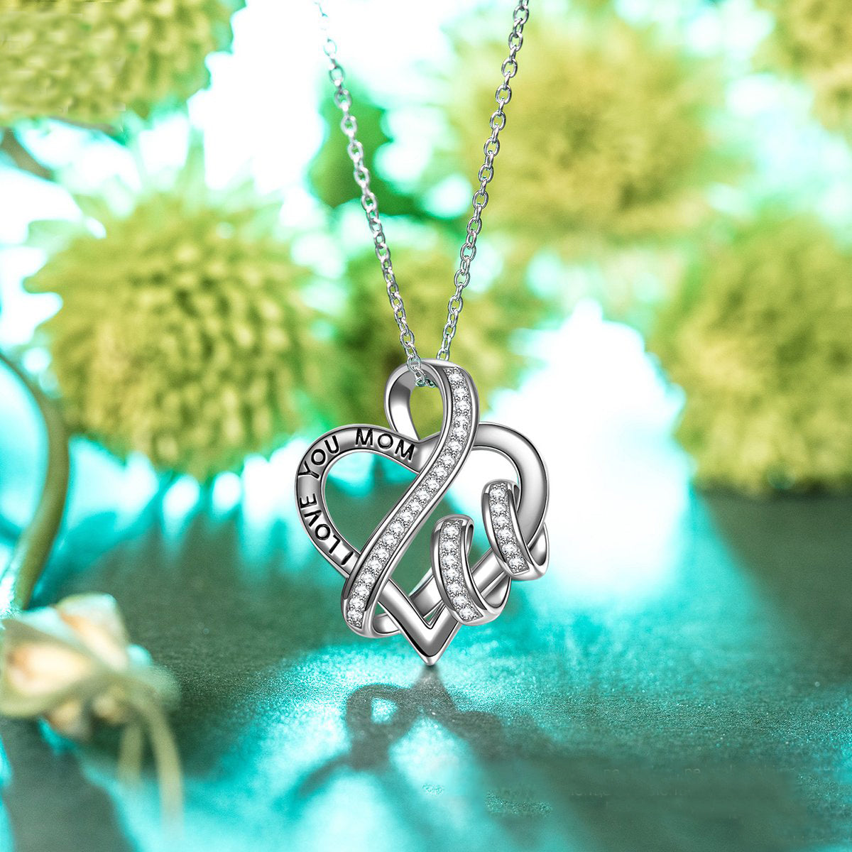 I Love You Mom Heart Necklace in Rhodium Tone