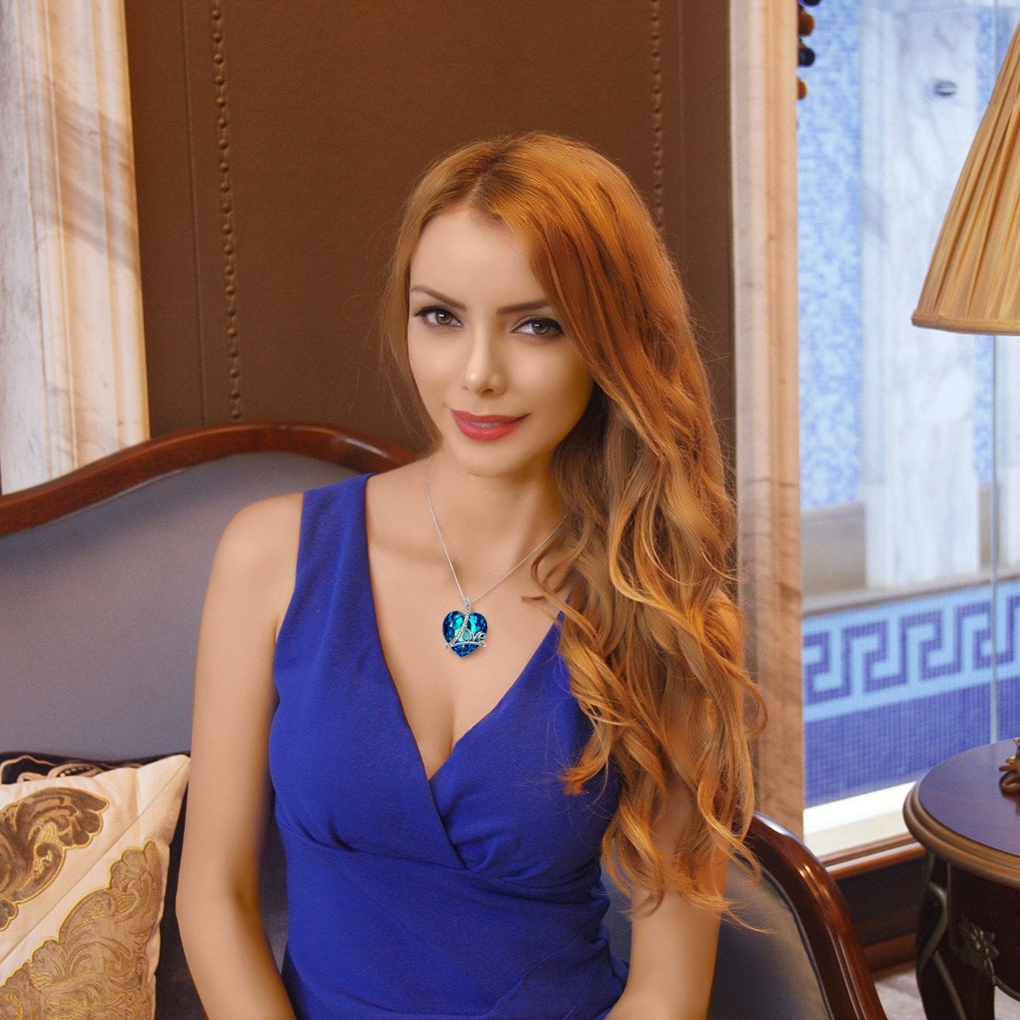 Classic Blue  Love Heart Necklace in 14K White Gold Tone