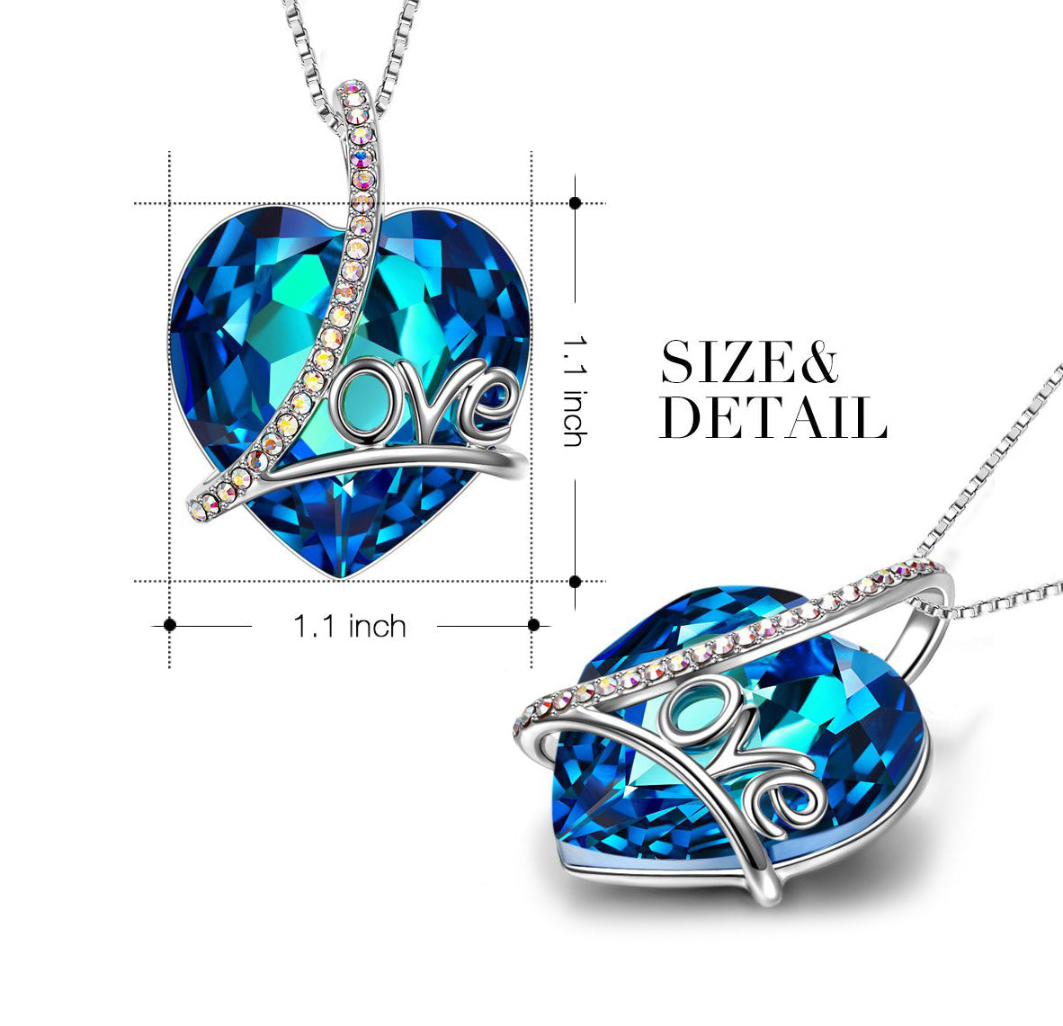 Classic Blue Love Heart Necklace in Rhodium Tone