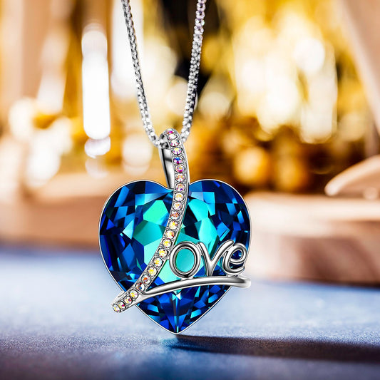 Classic Blue  Love Heart Necklace in 14K White Gold Tone