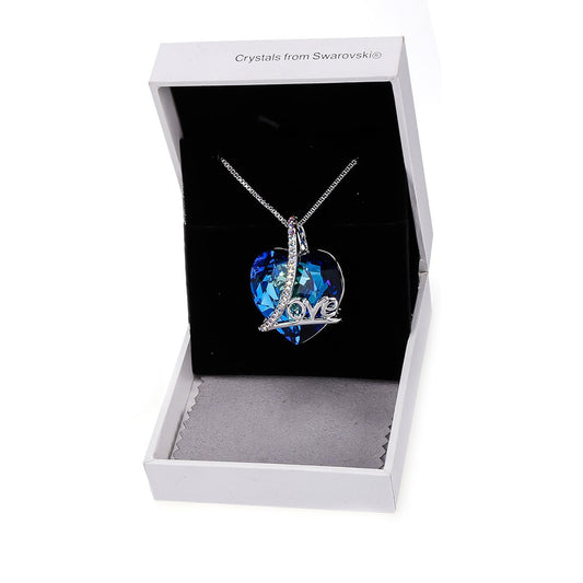 Classic Blue Love Heart Necklace in Rhodium Tone