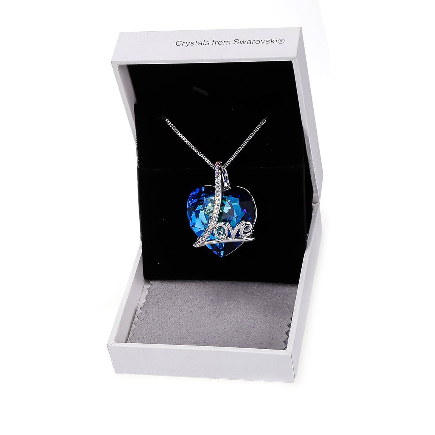 Classic Blue  Love Heart Necklace in 14K White Gold Tone