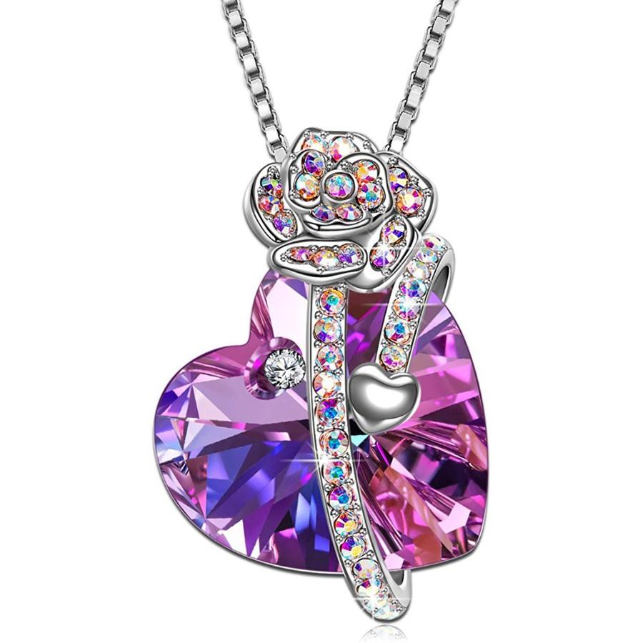 Iridescent Amethyst Gemstone Crystal Rose Heart Necklace in 14K White Gold Plated