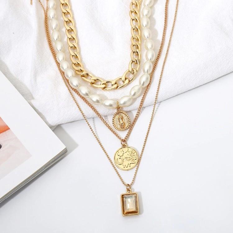 4 Piece Choker Pearl Chain Necklace Set in Goldtone