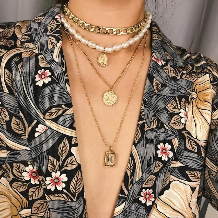 4 Piece Choker Pearl Chain Necklace Set in Goldtone