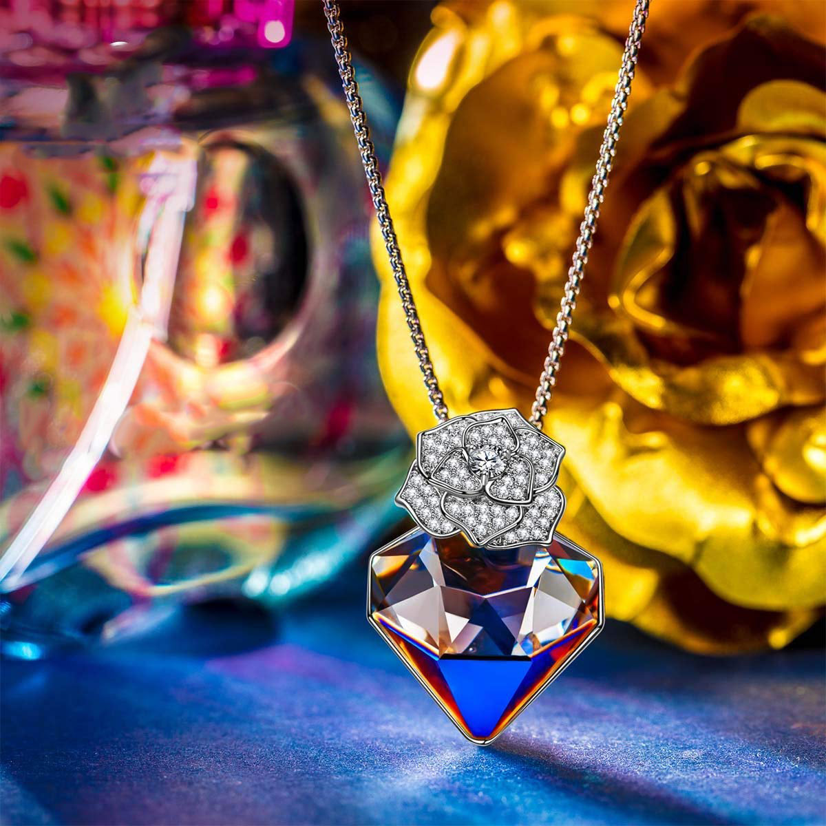 Dark Crystal Diamond Shaped White Pav'e Bud Pendant Necklace