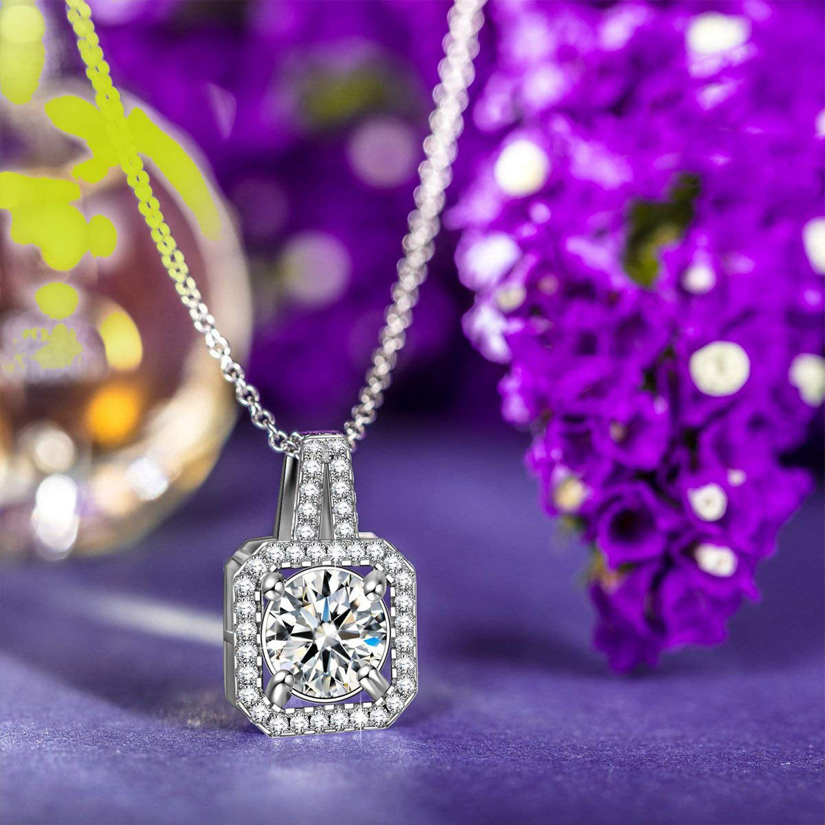 Classic Pave  Elements Cushion Frame Pendant Necklace in 14K White Gold Tone