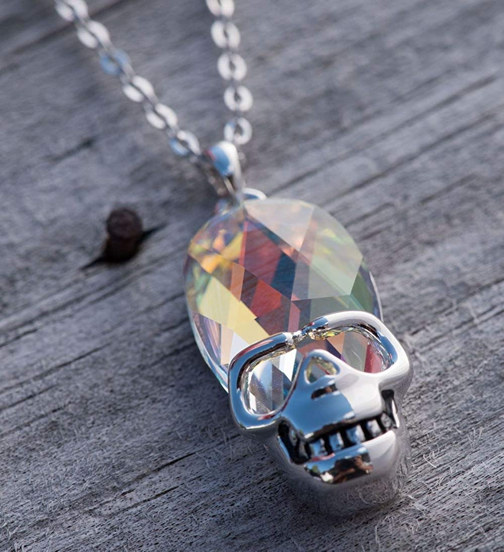 Aurora Borealis Skull Pendant Necklace in 14K White Gold Tone  Illuminating