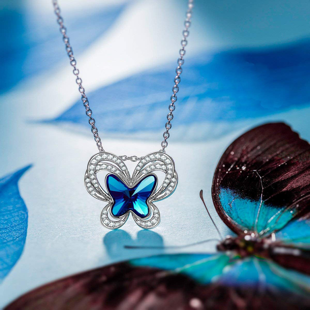 Bermuda Blue Flying Butterfly Pav'e Necklace