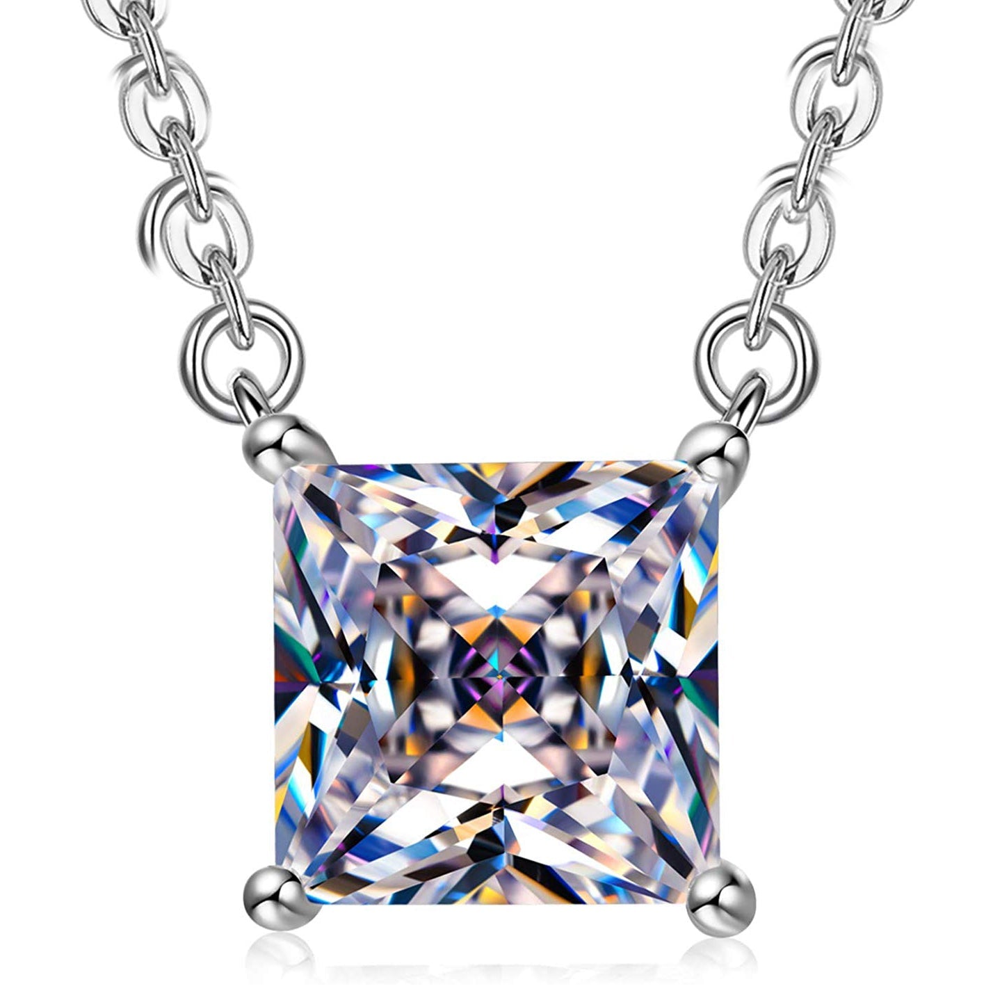 White Mini Cubic Zirconia Princess Cut Necklace in Rhodium Tone
