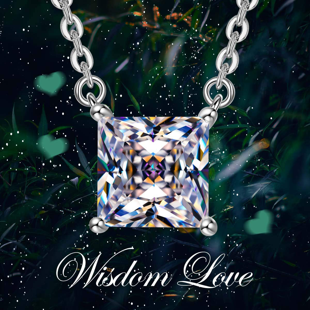 White Mini Cubic Zirconia Princess Cut Necklace in Rhodium Tone