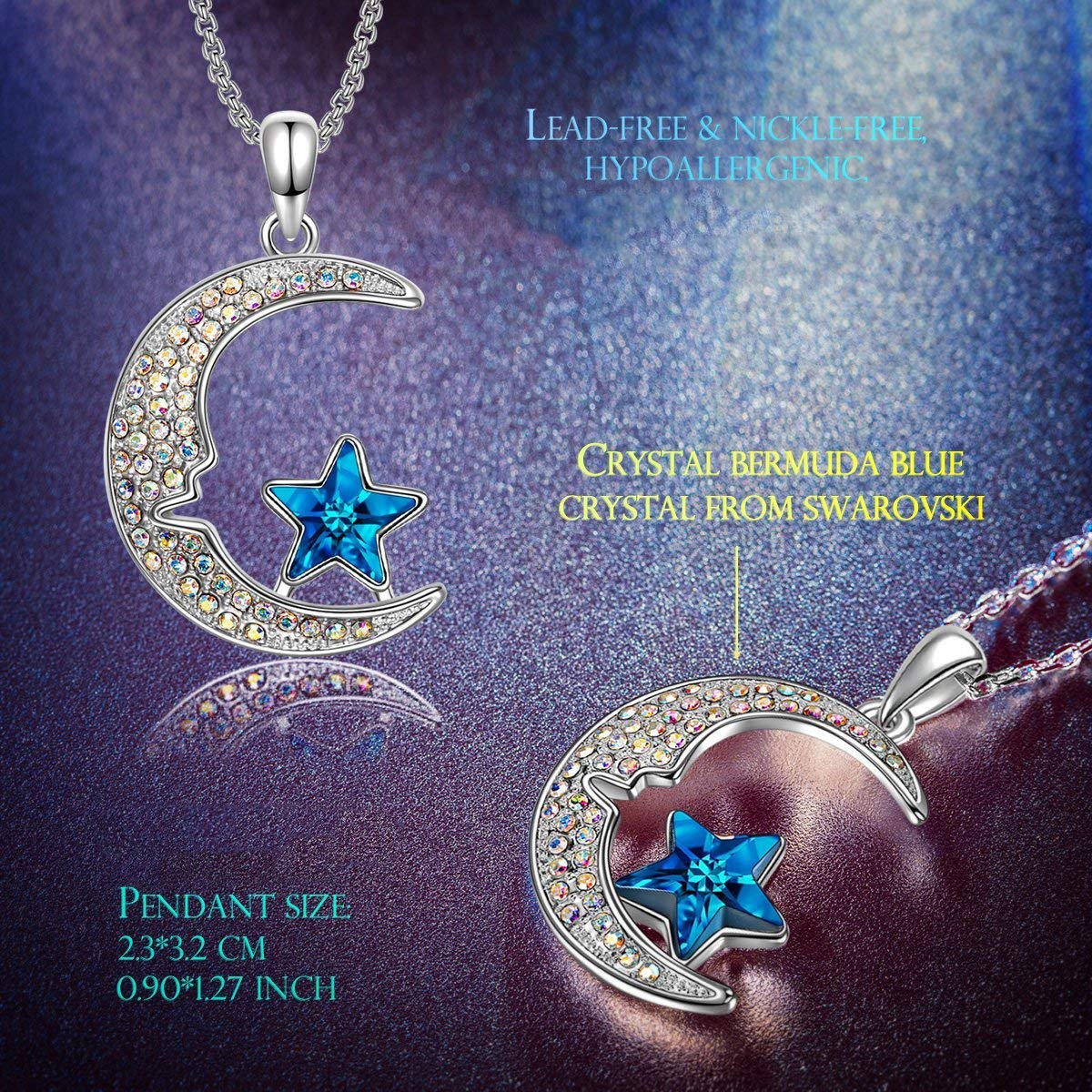 Aurora Borilles Cresent Moon and Star Necklace ITALY Design