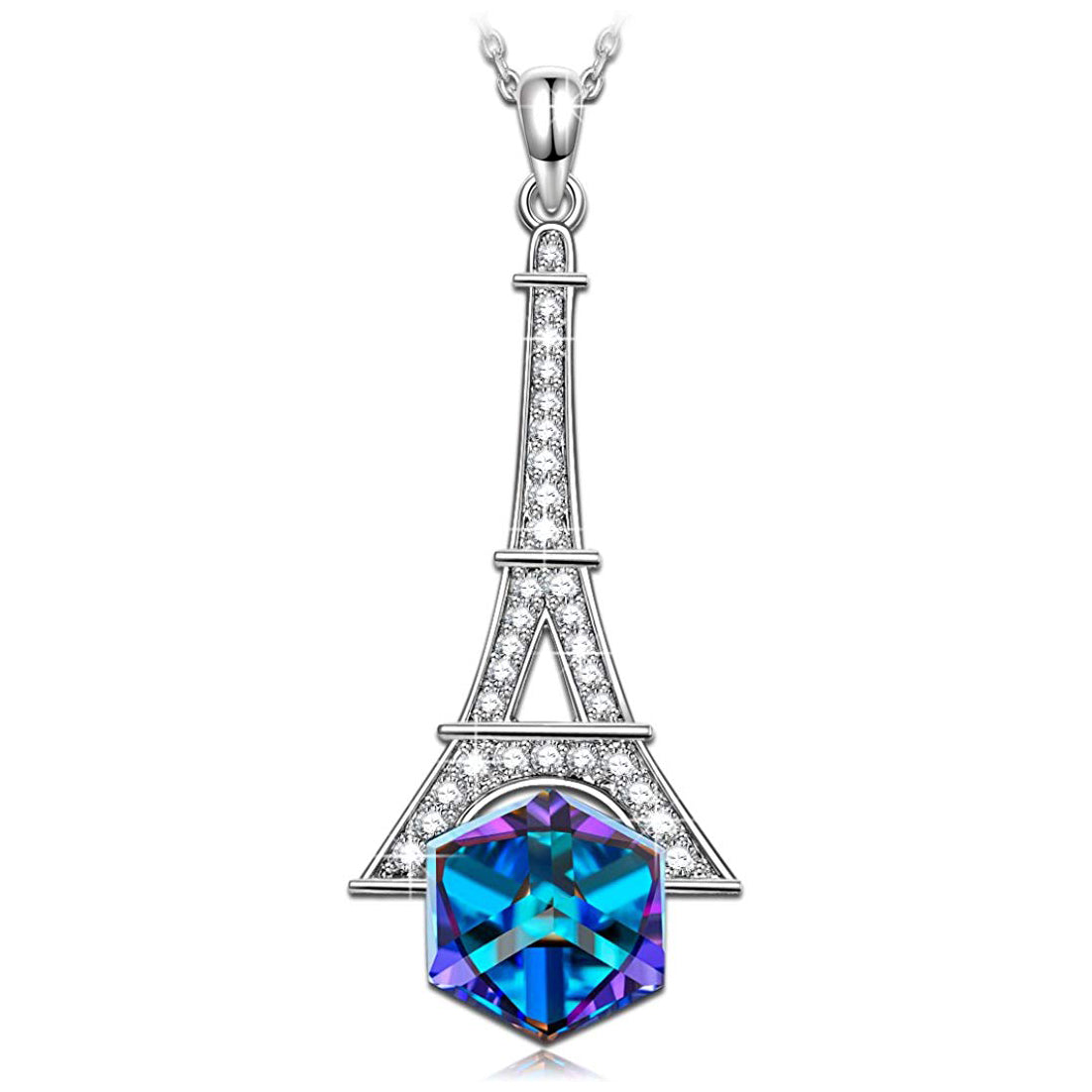 Eiffel Tower Blue Cubed Pendant Necklace in Goldtone Tone