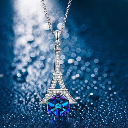 Blue Cubic Zirconia Eiffel Towel Pav'e Necklace in Rhodium Tone