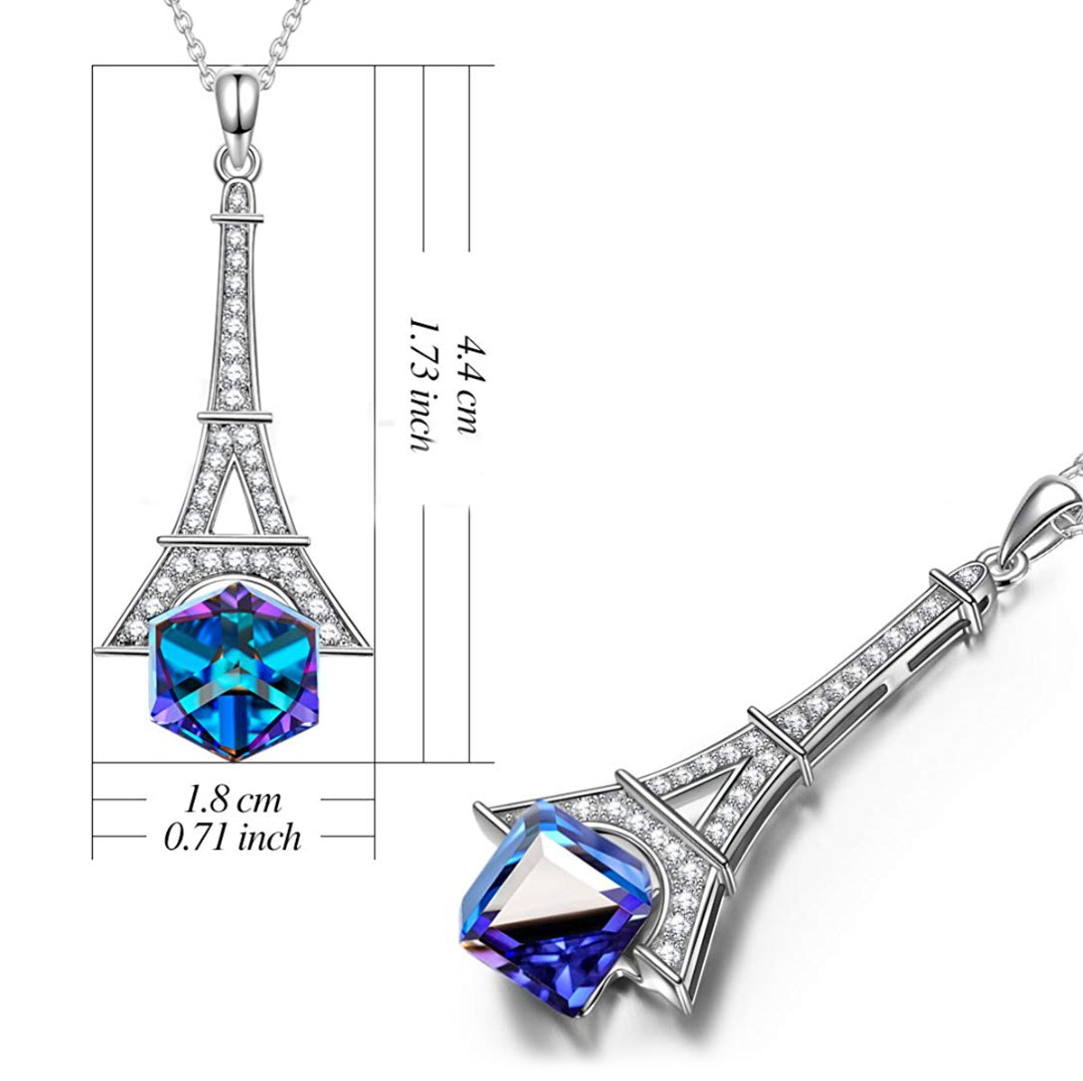 Eiffel Tower Blue Cubed Pendant Necklace in Goldtone Tone