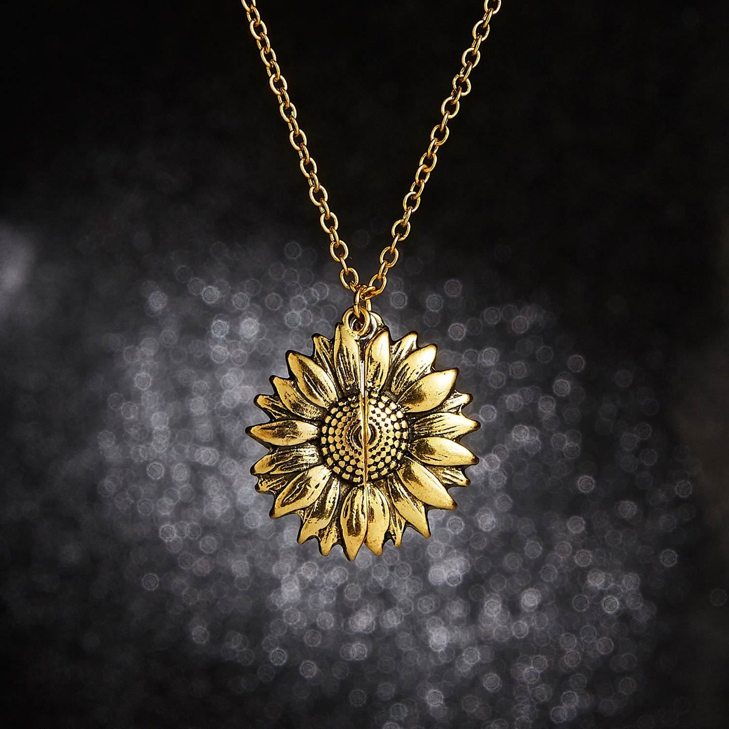 Spring is Here Inspired Open Sunflower Pendant Necklace in Goldtone Tone