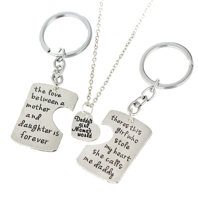 Three Piece Happy Family Quote Pendant Necklaces in Silver Tone
