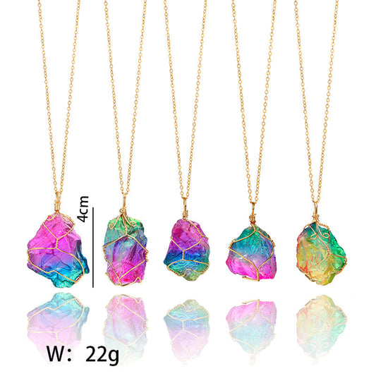 Rainbow Mineral Quartz Pendant Necklace in Goldtone Tone
