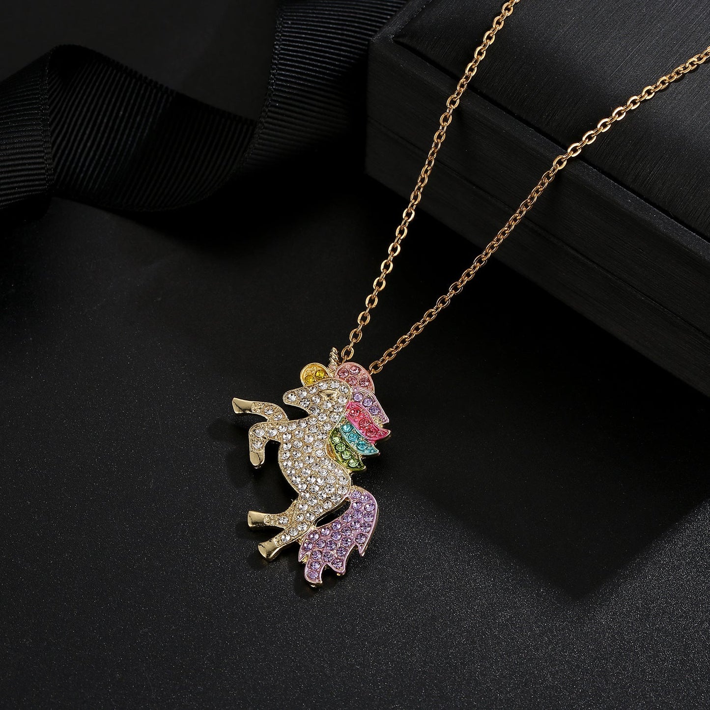 Crystal Rainbow Unicorn Necklace in Goldtone - 2 Options