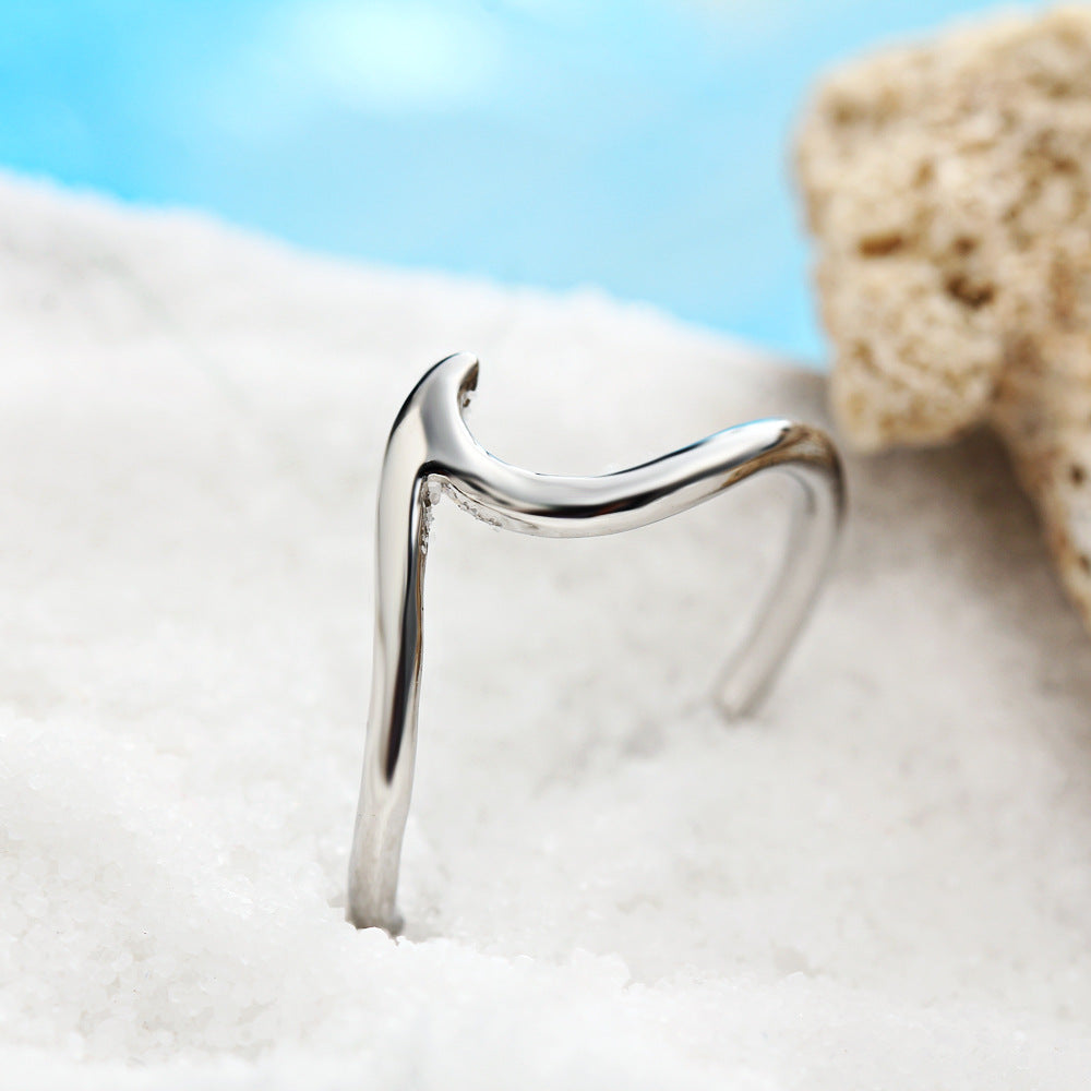 Malibu Beach Curved Wave Abstract Ring in 14K White Gold Tone