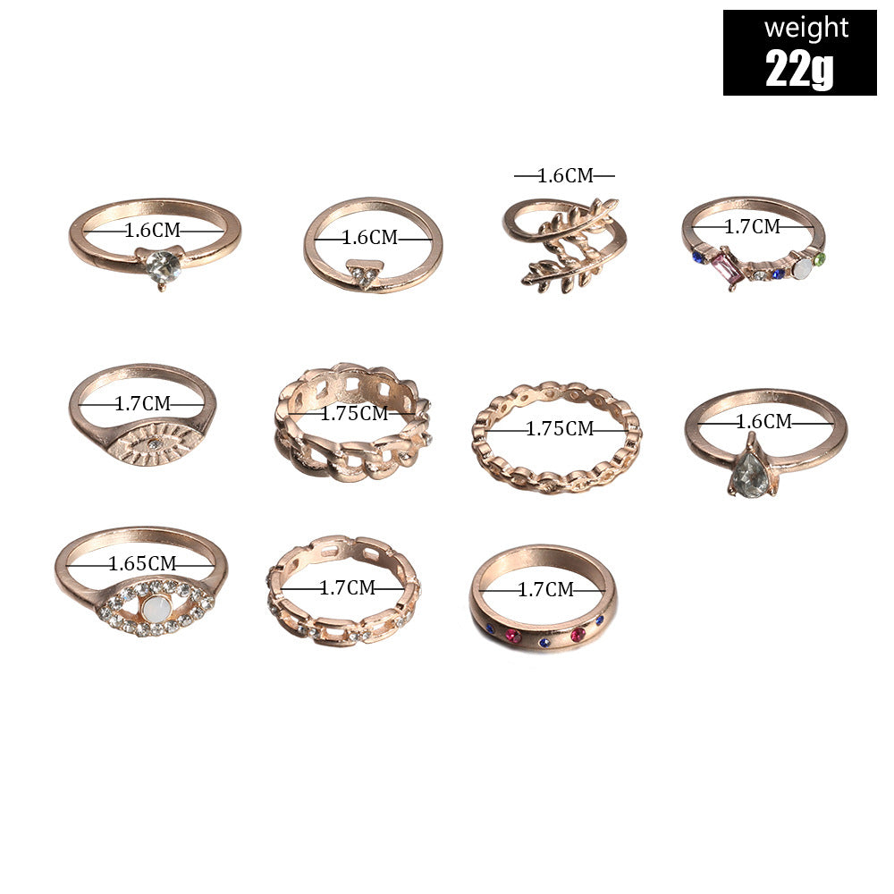 11-Piece Minimalist Bohemian Pav'e Ring Set in Goldtone Tone