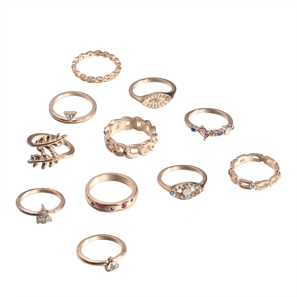 11-Piece Minimalist Bohemian Pav'e Ring Set in Goldtone Tone